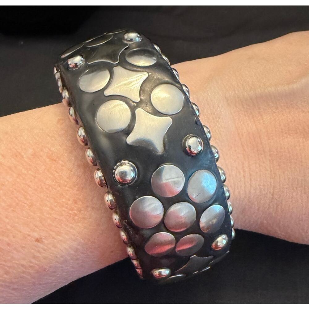 Boho Wood Chunky Bangle Bracelet Silver-tone Metal Geometric Studs up to 8.5"